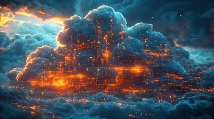 Obraz premium Cyber Cloudscape: Futuristic Digital Painting of Glowing Blue Cloud Computing with Circuitry and Cyberpunk Network in Orange Accents