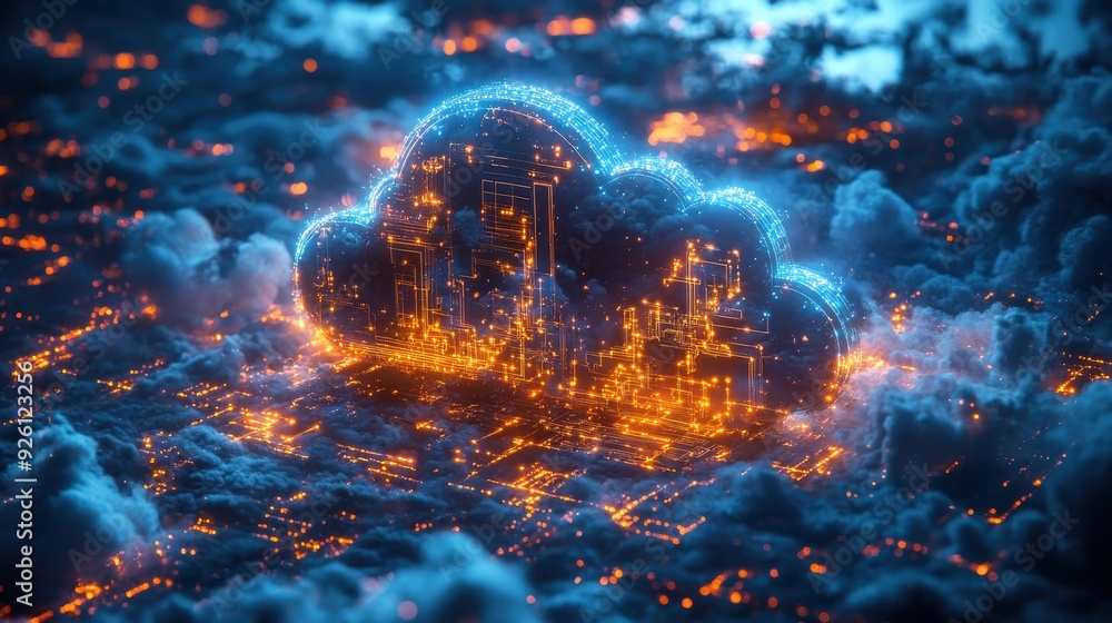 Poster digital frontier: cyberpunk cloud computing concept art in dark space with illuminated blue clouds, 