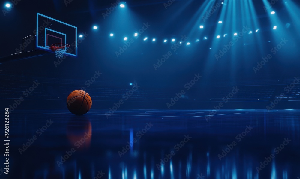 Fototapete An empty basketball court illuminated by spotlights, with the ball in sharp focus and a blue color scheme creating an atmosphere of competition. Empty background for text or graphics.