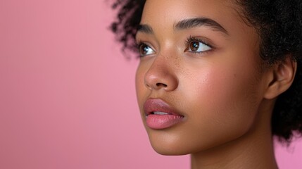Fototapeta premium A young woman gazes thoughtfully against a soft pink background during a calm afternoon