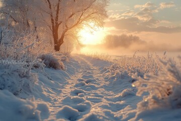 Beautiful winter landscape with snow covered field and trees at sunset