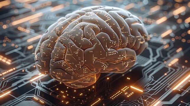 A 3D human brain composed of various computer data elements and symbols, with intricate networks of code, binary digits, and circuitry seamlessly integrated into the structure. Generative AI.