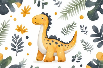 Cute smiling orange dinosaur walking seamless pattern for kids
