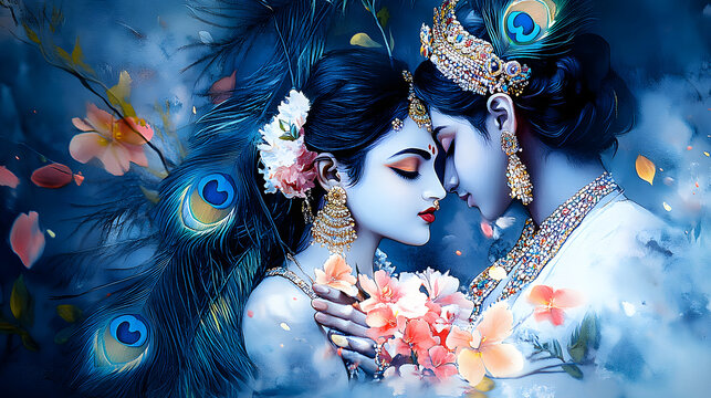 Naklejki Radha Krishna love divine couple peacock feather blue watercolor painting romantic spirituality hinduism god goddess floral religious tradition art culture devotion faith