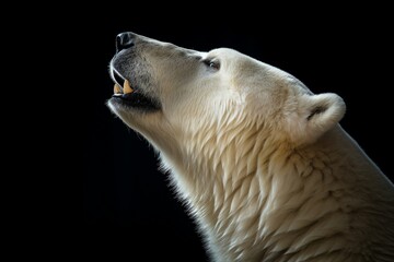 a close up of a polar bear with its mouth open