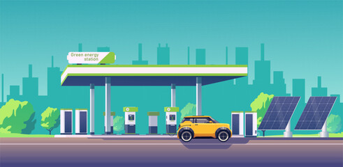 An electric vehicle is charging at a green energy station with solar panels in an urban setting. Digital art style on a gradient teal background. Concept of sustainable energy. Vector illustration