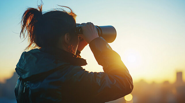 Clear Vision of the Future - Person Looking through Binoculars with Bright Horizon in Sight