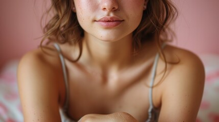 Obraz premium Young woman with natural beauty sitting on a bed in a cozy room with pink walls during daylight