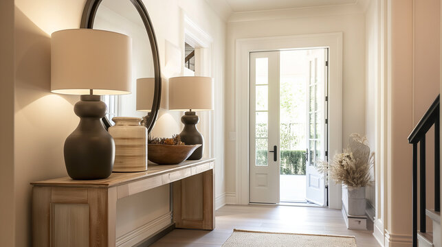 an inviting entryway with a sleek console table, large mirror, and built-in storage. soft lighting, and a few carefully chosen decorative items to set a modern tone, home interior design 