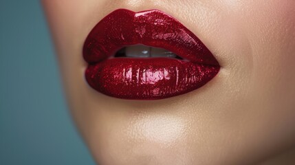 Obraz premium Close-up of glossy red lips against a soft blue background highlighting a bold makeup look