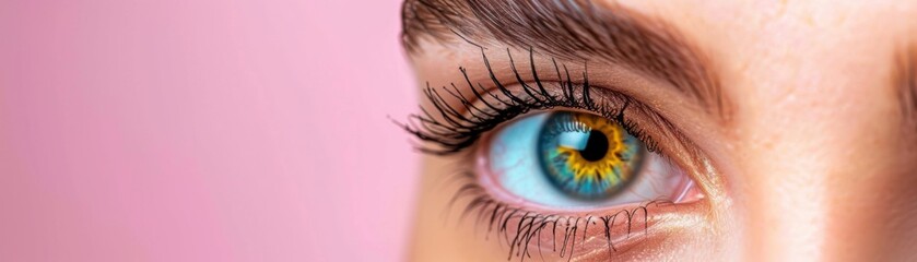 Fototapeta premium A captivating close-up of a woman's vibrant blue eye, highlighting the intricate detail of her long, dark lashes against a soft pink backdrop.