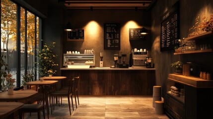 Cozy Coffee Shop Interior with Warm Lighting and Autumn View