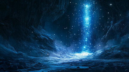 Fototapeta premium Unveiling an Enigmatic Relic: Close-up Discovery of Mysterious Ancient Artifact in Dark Cave with Shimmering Lights