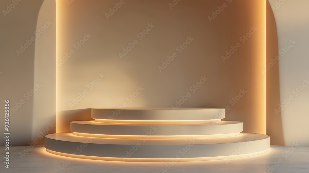 Poster elegant minimalistic beige podium with matte finish in soft ambient light on white background
