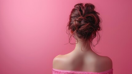 Obraz premium Woman with a casual updo hairstyle poses against a vibrant pink background during soft natural lighting