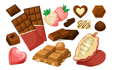 An assortment of chocolate sweets, including bars, truffles, fruits, and a cocoa pod, displayed on a white background. Concept of chocolate delicacies. Vector illustration