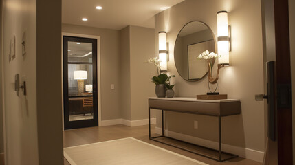 an inviting entryway with a sleek console table, large mirror, and built-in storage. soft lighting, and a few carefully chosen decorative items to set a modern tone, home interior design 
