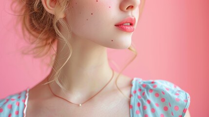 Naklejka premium Young woman with playful makeup and pink background engaged in creative expression during a photoshoot