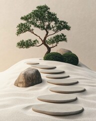 Serene Zen Garden with Raked Sand, Bonsai Tree, and Stones for Peaceful Meditation | Japanese Garden Landscape of Tranquility
