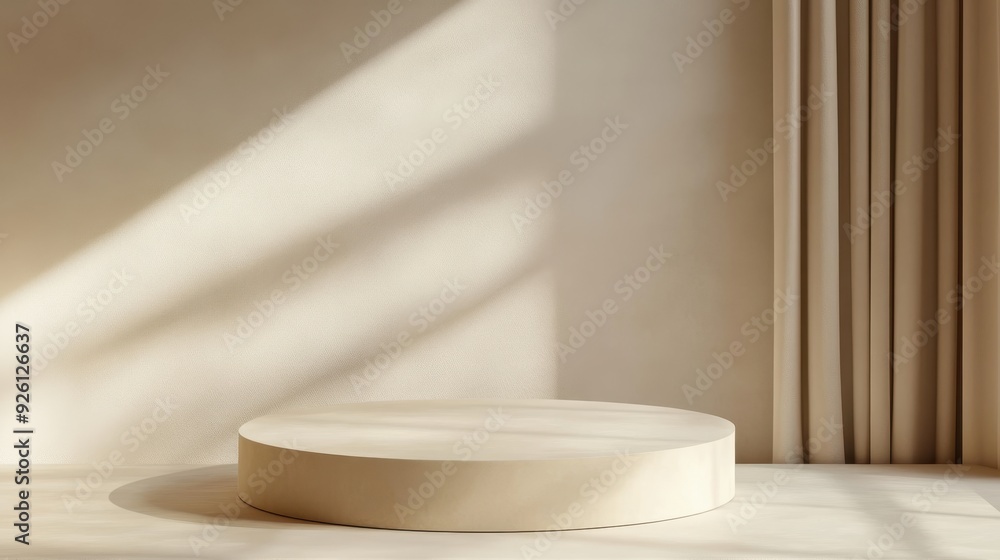 Poster elegant beige podium in contemporary minimal design with soft shadows on smooth texture against clea