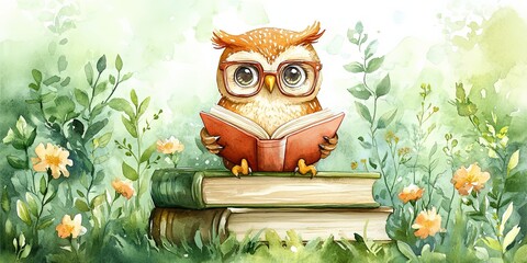 Wise Owl Immersed in Book Knowledge