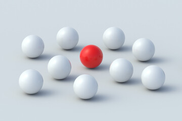 New recruit. Select employee. Leadership concept. Standing out from the crowd. Leader skills. Individual experience. Red ball among white ones. 3d render