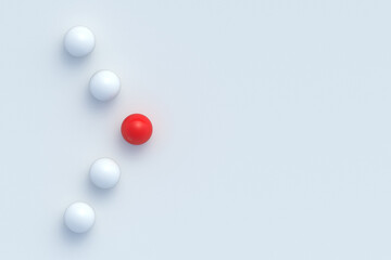 New recruit. Select employee. Leadership concept. Standing out from the crowd. Leader skills. Individual experience. Red ball among white ones. 3d render