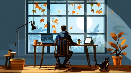 A man is sitting at a desk with a laptop and a cat