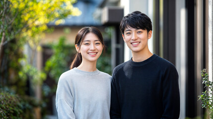 Fototapeta premium 新居の前で微笑む日本人カップル
