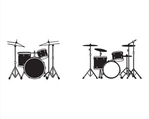 create a black silhouette Musical instrument Drum Kit Vector on white background