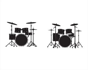 create a black silhouette Musical instrument Drum Kit Vector on white background