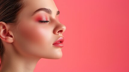 Fototapeta premium Young woman profiles against a pink background showcasing vibrant makeup and a serene expression