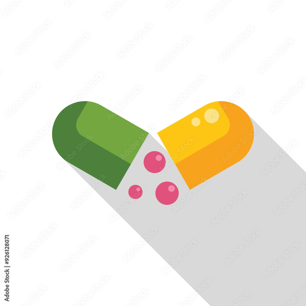 Canvas Prints green and yellow pill capsule opening and releasing tiny pink beads, in a flat design style