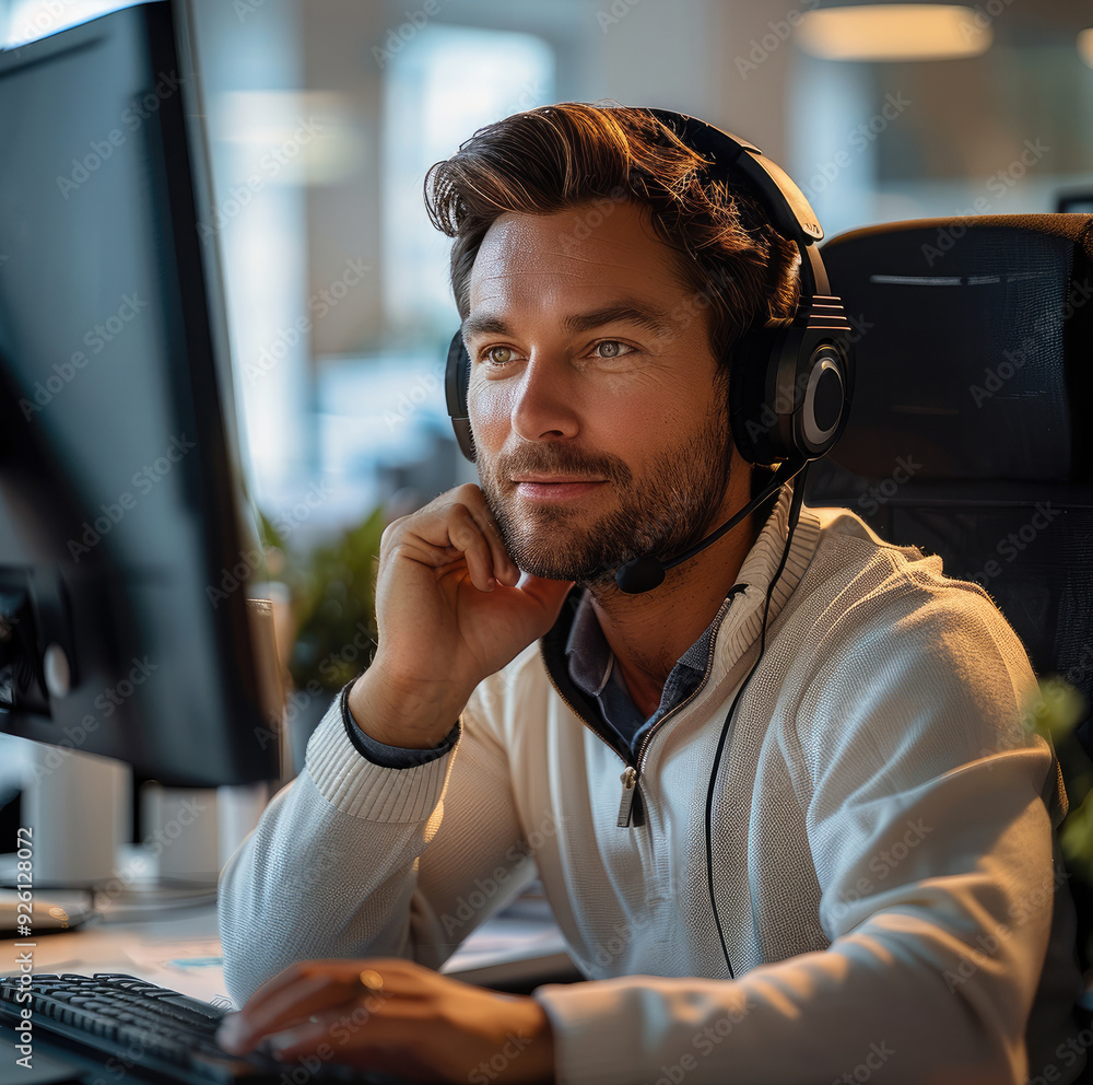 Sticker A male customer service employer sitting behind his desk in a office calling with a customer. Generative AI.