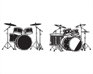create a black silhouette Musical instrument Drum Kit Vector on white background