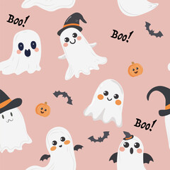 Seamless pattern with cute ghosts and pumpkins for Halloween. Vector illustration.