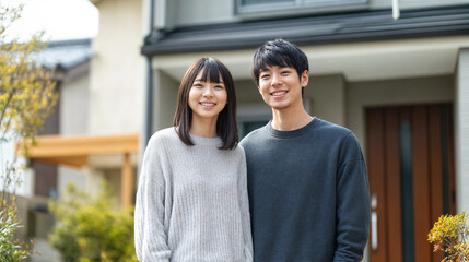新居の前で微笑む日本人カップル