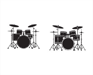 create a black silhouette Musical instrument Drum Kit Vector on white background