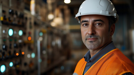 Fototapeta premium A middle-aged male worker wearing an orange vest and white helmet is standing in front of the control panel at work, with a large industrial background