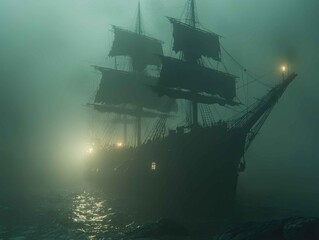 Fototapeta premium Ghostly Legends at Sea - Spooky Ghost Ship with Tattered Sails and Eerie Lights Floating on Foggy Waters, Haunting Maritime Tales