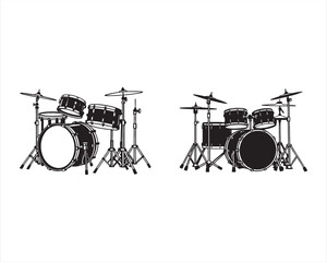 create a black silhouette Musical instrument Drum Kit Vector on white background