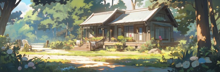 Fototapeta premium Enchanted Forest Abode: A Whimsical Anime-Style House Amidst the Woods, Perfect for Gaming Art and Storybook Illustrations in 4K