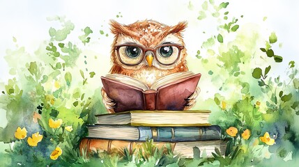Wise Owl Immersed in Book Knowledge