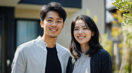 Obraz premium 新居の前で微笑む日本人カップル