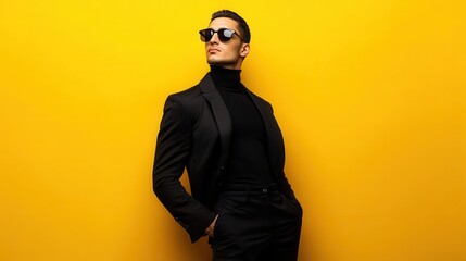 Fototapeta premium A man poses against a vibrant yellow wall, showcasing a fashionable black suit and sunglasses with an air of confidence
