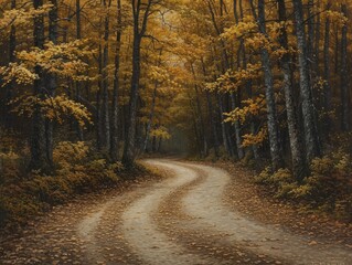 Obraz premium A picturesque forest path in autumn, adorned with brilliant foliage and a calm, welcoming vibe, showcases the enchanting charm of the fall season.