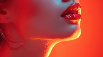 Obraz premium Close-up of a woman's lips illuminated by red light in a dramatic portrait
