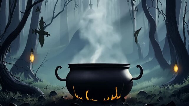 Mystical forest scene with a large cauldron over a fire, surrounded by fog and spooky elements.