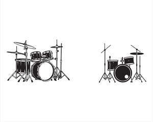 create a black silhouette Musical instrument Drum Kit Vector on white background