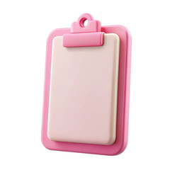 3D illustration of a pink clipboard with attached paper. This office accessory features a simple and clean design, perfect for organizing notes and tasks. Isolated on transparent background, png.